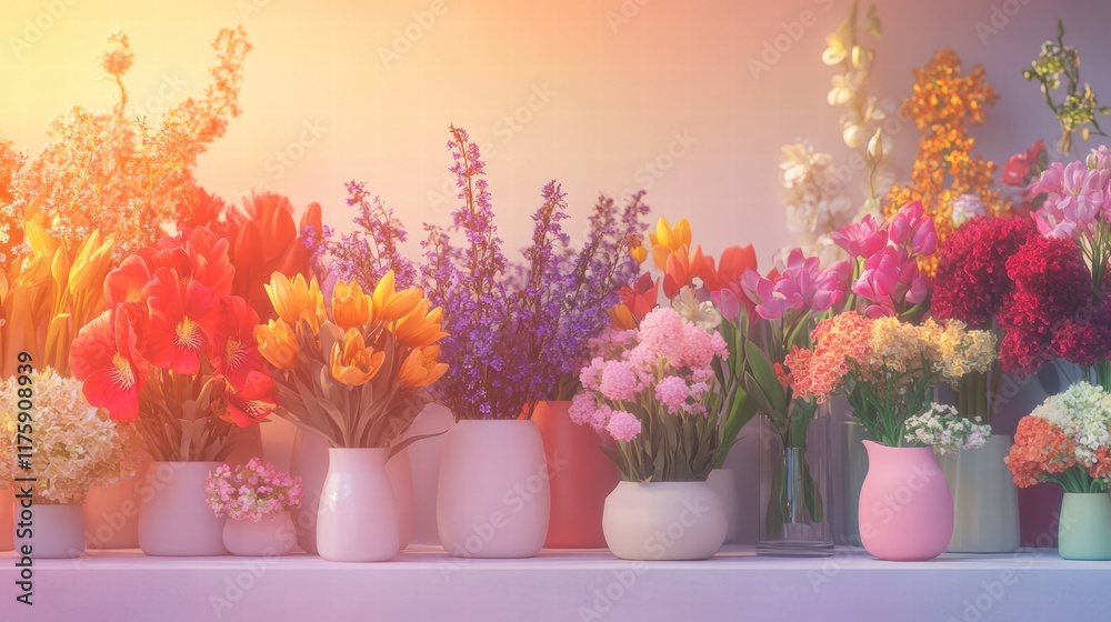 Poster vibrant flower arrangement in various vases showcasing spring colors in a bright indoor setting. gen