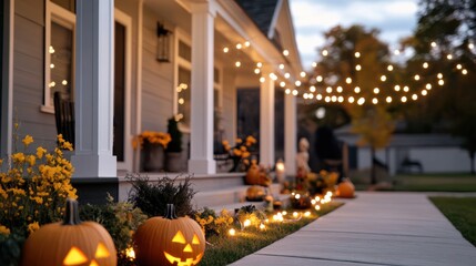 Obraz premium Family creates a festive Halloween atmosphere with jack-o'-lanterns and twinkling lights adorning their cozy home.
