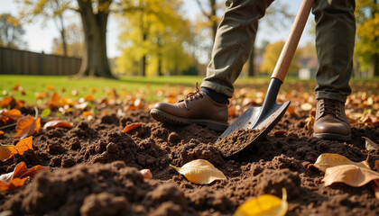 Man digging soil in home garden during autumn, seasonal preparation