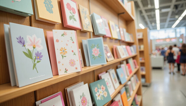 Colorful spring greeting cards displayed in shop, seasonal celebration