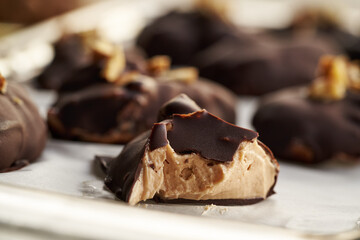 Closeup of a homemade healthy sweet dessert made of greek yogurt, nut butter and maple syrup coated in chocolate