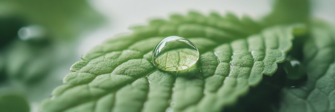 Close up macro photograph capturing pure water droplet delicately balanced on surface of vibrant green leaf, symbolizing nature, purity, sustainability, and eco conscious practices