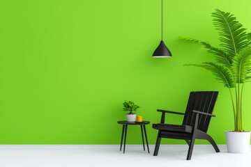 A creatively designed living room featuring modern furniture, home decor, and personal accessories, with a eucalyptus wall. Template with copy space.