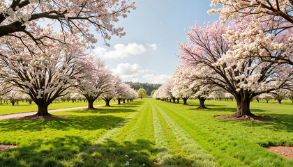 Obraz premium Blossoming almond trees in spring orchard, nature's serenity