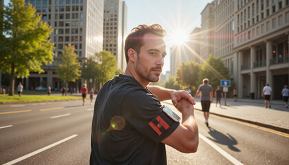 Man stretching before run on city pathway, Spring Marathon motivation
