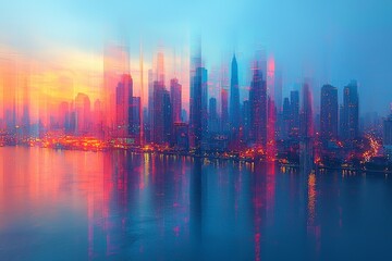 Fototapeta premium Smart city with glowing speed lines and light trails surrounding it, symbolizing big data connection technology