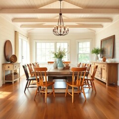 Fototapeta premium Dining room interior design. Farmhouse style dining room interior design. Architecture interior. Farmhouse interior. Farmhouse style.