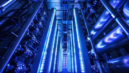 Rows of pipes and valves in a industrial setting. AI.