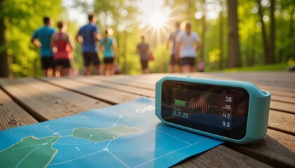 Fitness tracker monitors heart rate during spring training in park, wellness