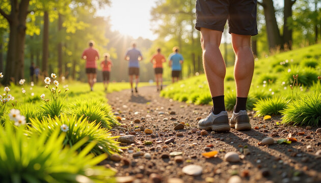 Marathon marshal standing firm on trail with runners behind, community support