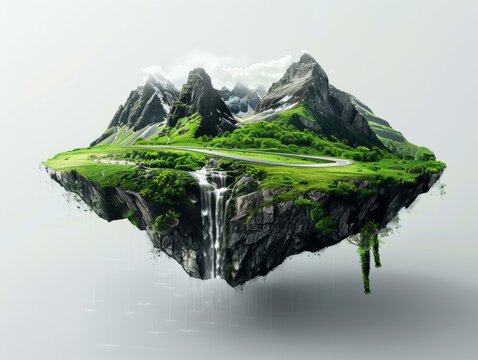 A floating island with a waterfall and winding road. AI.