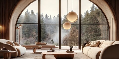 Fototapeta premium interior design, minimalist living room, arched window, panoramic view, nature scenery, beige tones, round pendant lights, cozy seating area, neutral color palette, soft textures, natural light, calm 