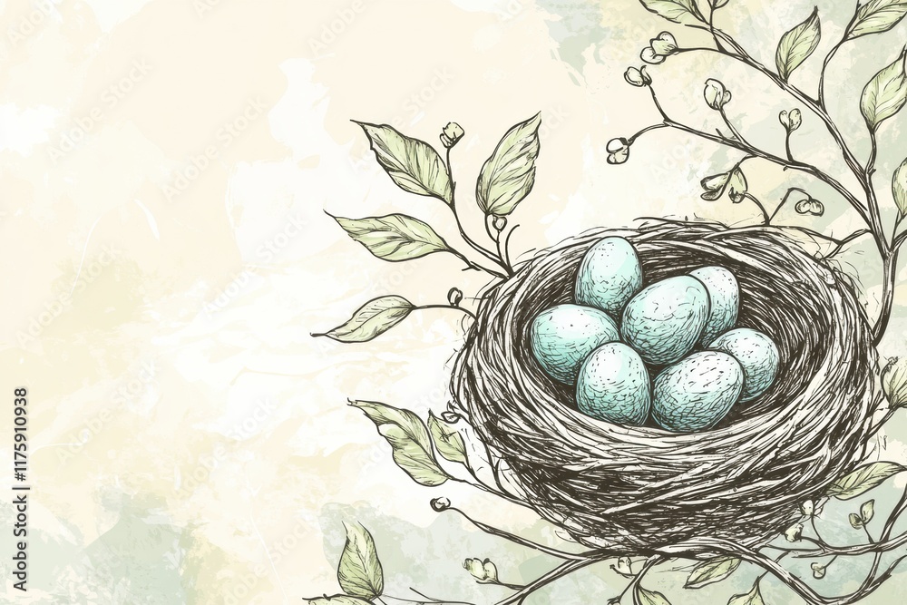 Poster hand drawn doodle of a nest with blue green eggs surrounded by branches and leaves on a soft backgro