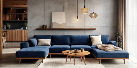 Modern living room, blue velvet sectional sofa, wooden coffee table, pendant lights, concrete wall, minimalist decor, Scandinavian design, cozy throw pillows, warm lighting, potted plant, neutral colo