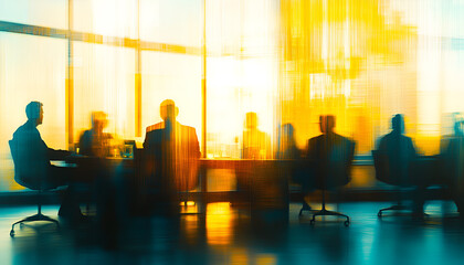 Blurred silhouettes in a corporate meeting room symbolize dynamic business discussions