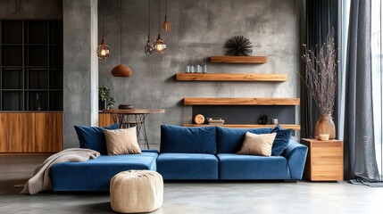 Modern living room, blue velvet sectional sofa, wooden coffee table, pendant lights, concrete wall, minimalist decor, Scandinavian design, cozy throw pillows, warm lighting, potted plant, neutral colo