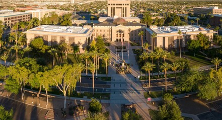 High-angle view of the Arizona State Capitol building in Phoenix, AZ. Sunlight casts long shadows across the grounds.  Arizona Capitol Museum, Phoenix, Arizona, USA