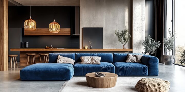 Modern living room, blue velvet sectional sofa, wooden coffee table, pendant lights, concrete wall, minimalist decor, Scandinavian design, cozy throw pillows, warm lighting, potted plant, neutral colo