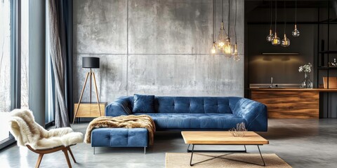 Modern living room, minimalist design, blue L-shaped sectional sofa, wooden accent wall, pendant lighting, floor-to-ceiling windows, potted plant, round wooden coffee table, neutral color palette, tex