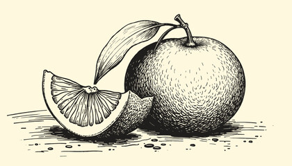 Intricate vintage orange engraving in black and sepia tones with detailed linework, illustration