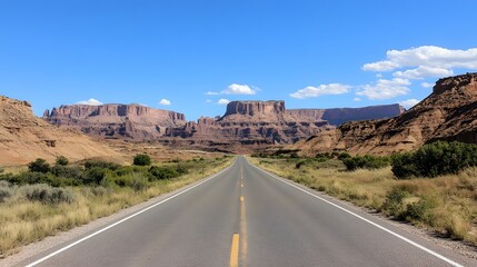 An open road stretches into the horizon, surrounded by breathtaking desert landscapes and towering sand dunes, offering an adventurous journey under the clear blue sky on a sunny day
