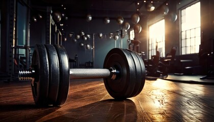 close-up of a barbell or dumbbell resting on a gym floor, with a wide-angle view of the gym