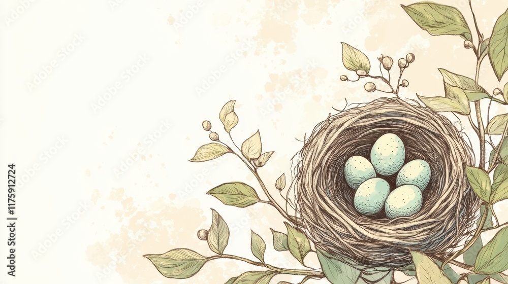 Poster Hand drawn doodle of a nest with blue eggs nestled in branches and leaves in a tranquil setting. Generative AI