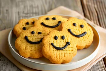 Smiley face cookies on a white plate on a wooden table