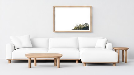 Fototapeta premium A sleek wooden frame in a modern living space with floor-to-ceiling windows.