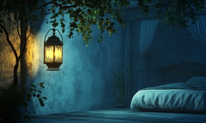 A serene bedroom scene at night, featuring a hanging lantern glowing under the moonlight.