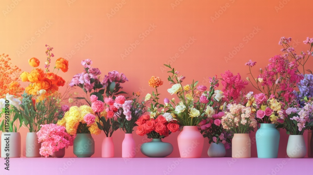 Aufkleber Colorful bouquets arranged in vases on a table with a gradient background during daylight. Generative AI