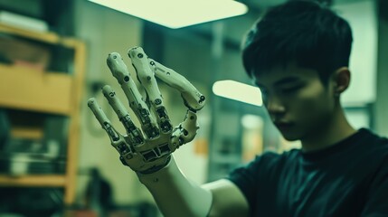 Young Innovator in Workshop with Advanced Robotic Arm, Showcasing Human-Machine Collaboration and Future Technology Integration in Modern Engineering Environment