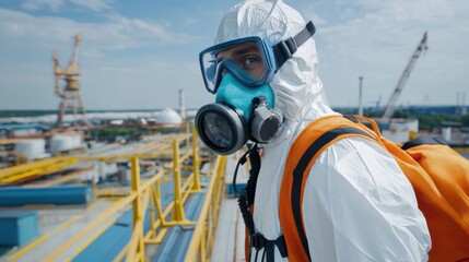 In a high-security facility, a scientist in full protective gear observes complex operations among towering industrial structures.