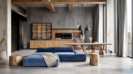 Modern living room, minimalist design, blue L-shaped sectional sofa, wooden accent wall, pendant lighting, floor-to-ceiling windows, potted plant, round wooden coffee table, neutral color palette, tex