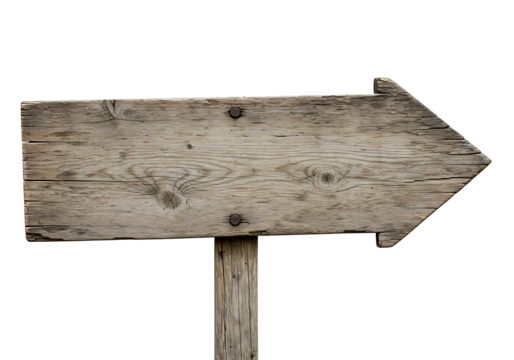 Old wooden directional sign isolated on transparent background, rustic navigation concept. Transparent PNG cutout