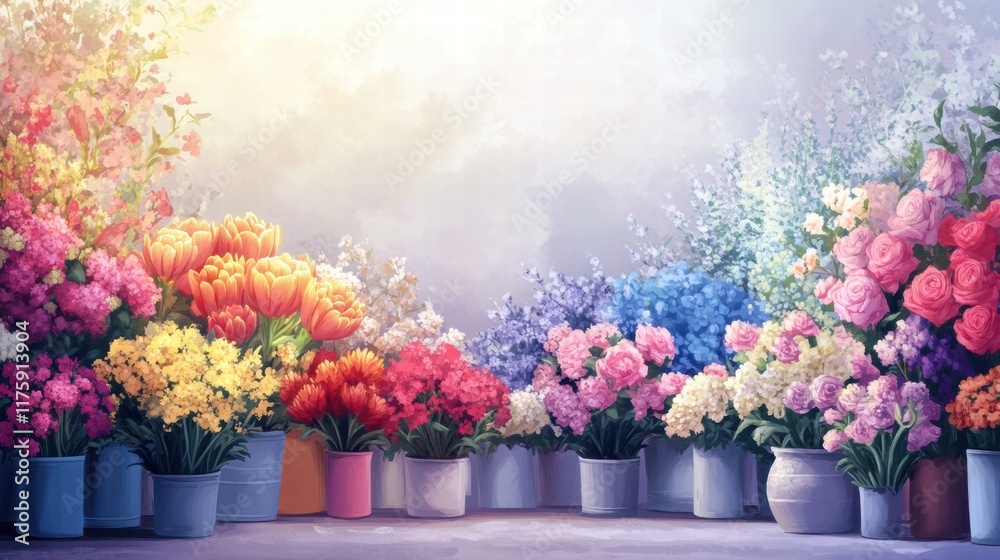 Aufkleber vibrant flower arrangement in various colors displayed in pots during daylight. generative ai