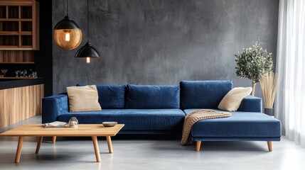 Modern living room, minimalist design, blue L-shaped sectional sofa, wooden accent wall, pendant lighting, floor-to-ceiling windows, potted plant, round wooden coffee table, neutral color palette, tex