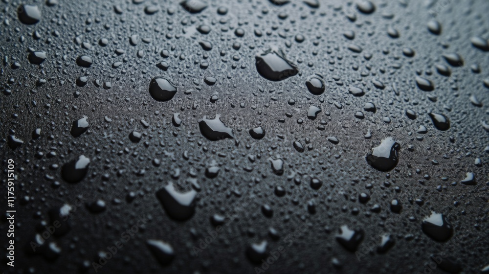 Poster glistening water droplets resting on a dark, non absorbent surface highlight the intriguing properti