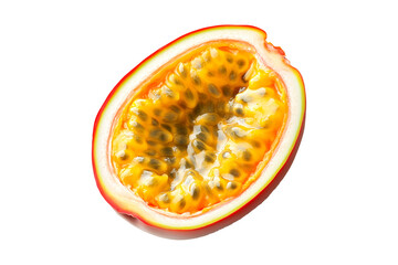 Whole and halved yellow passion fruit with vibrant seeds, green leaves, isolated on white transparent background. Concept of tropical fruit