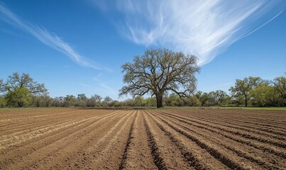 View of freshly plowed agricultural field with large oak tree at its edge and blue sky with wispy clouds in background in spring