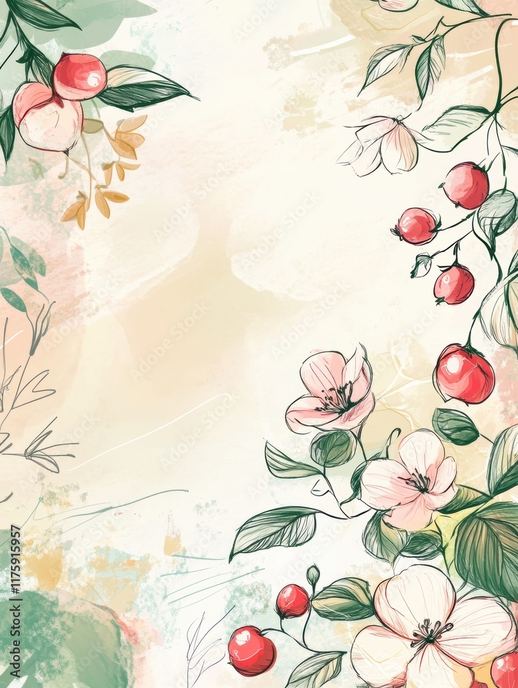 Poster delicate hand drawn doodle of colorful flowers and fruits creating a whimsical and serene atmosphere