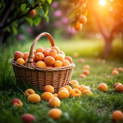 Basket of ripe apricots in a sunlit orchard with fallen fruits on the grass