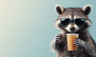 Adorable raccoon donning shades, holding a beverage, having a great time on vacation, featuring a studio banner with room for text.