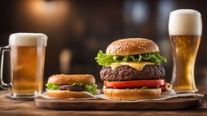 Gourmet burger with melted cheese, fresh vegetables, and sesame seed bun, served alongside refreshing beer. Great for food photography, menus, and social media posts highlighting indulgent meals.