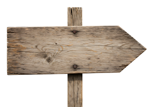 Old wooden directional sign isolated on transparent background, rustic navigation concept. Transparent PNG cutout