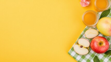 Fresh apples and juice on a yellow background with checkered napkin, top view composition, copy space for text, healthy eating and nutrition concept