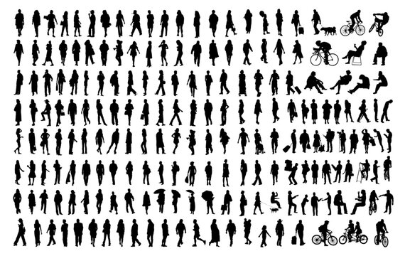 Urban Symphony: A panoramic silhouette tableau showcasing diverse individuals in various poses, symbolizing the city's dynamic tapestry of movement, culture, and everyday life