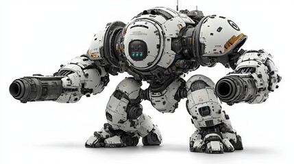 Mech BattleA 3d rendering of a sci-fi mech soldier holding two assault guns, set against a white backdrop. The concept art features a military storm trooper robot in green and gray, with scratched