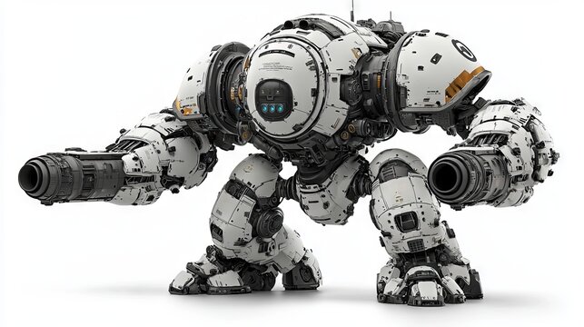 Mech BattleA 3d rendering of a sci-fi mech soldier holding two assault guns, set against a white backdrop. The concept art features a military storm trooper robot in green and gray, with scratched