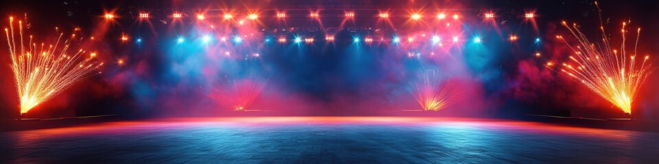 Illuminated stage with pyrotechnics and empty space